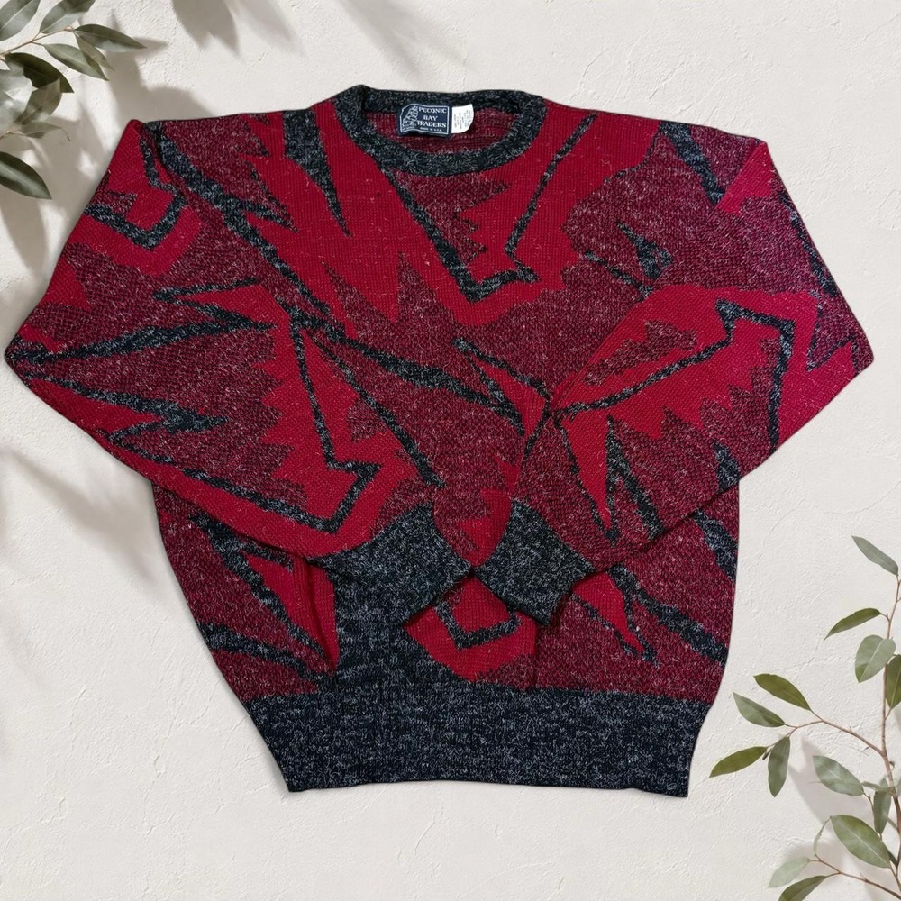 Vintage Peconic Bay Traders Red Black Geometric Sweater 90s Retro L Large